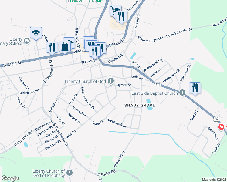 map of restaurants, bars, coffee shops, grocery stores, and more near 3 Jefferson Street in Liberty