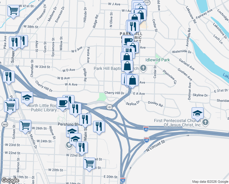 map of restaurants, bars, coffee shops, grocery stores, and more near 3117 North Cypress Street in North Little Rock