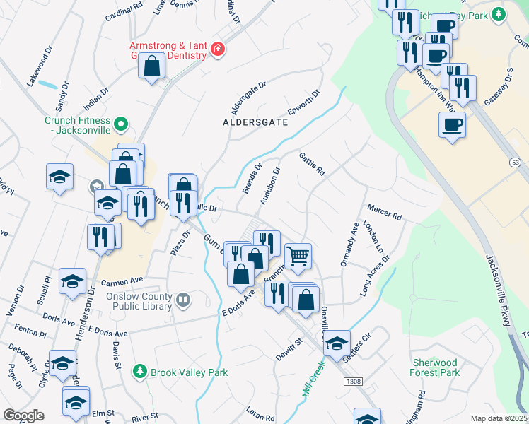 map of restaurants, bars, coffee shops, grocery stores, and more near 168 Audubon Drive in Jacksonville