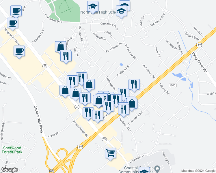 map of restaurants, bars, coffee shops, grocery stores, and more near 2046 Foxhorn Road in Jacksonville