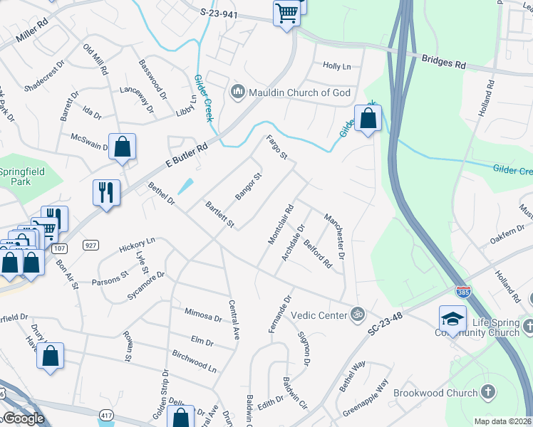 map of restaurants, bars, coffee shops, grocery stores, and more near 971 Fargo Street in Mauldin