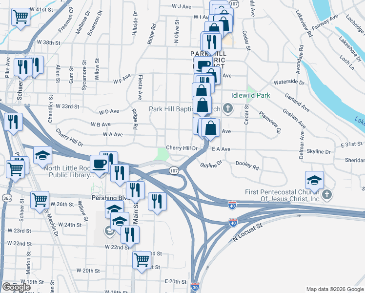 map of restaurants, bars, coffee shops, grocery stores, and more near 3117 North Cypress Street in North Little Rock