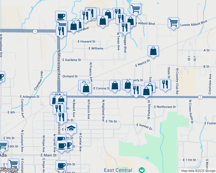 map of restaurants, bars, coffee shops, grocery stores, and more near 1103 East Beverly Street in Ada