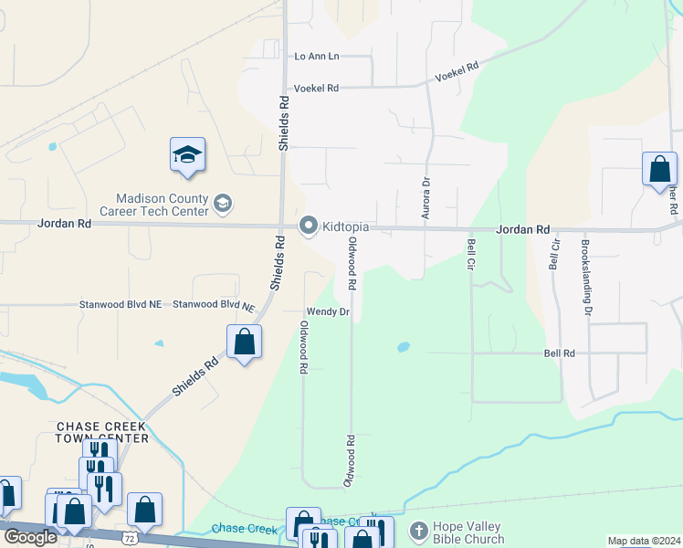 map of restaurants, bars, coffee shops, grocery stores, and more near 108 Oldwood Road in Huntsville