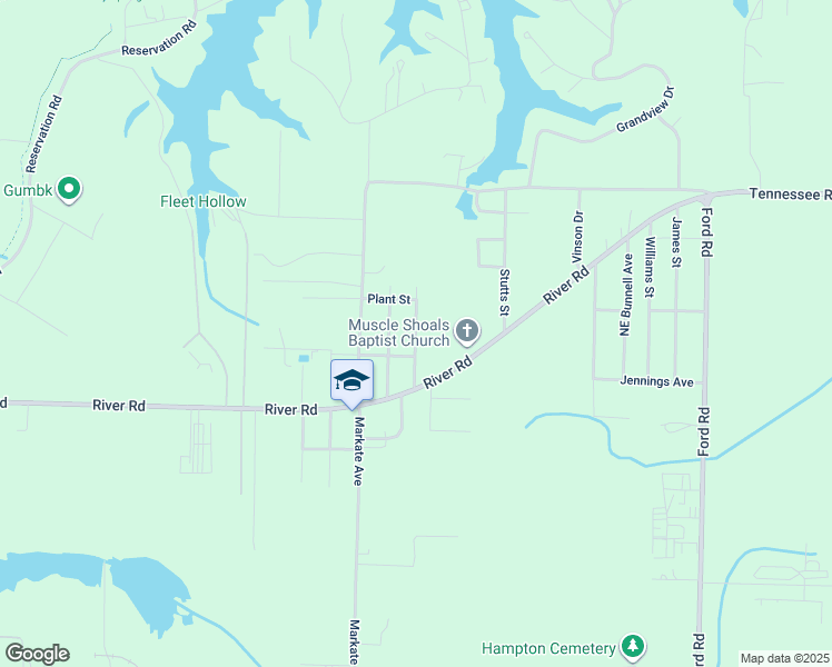 map of restaurants, bars, coffee shops, grocery stores, and more near Lakeshore Drive in Muscle Shoals