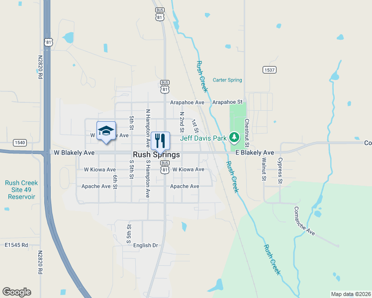 map of restaurants, bars, coffee shops, grocery stores, and more near 108 North 2nd Street in Rush Springs