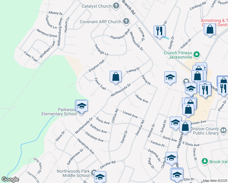 map of restaurants, bars, coffee shops, grocery stores, and more near 100 Fawn Trail in Jacksonville