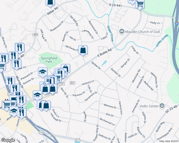 map of restaurants, bars, coffee shops, grocery stores, and more near 204 Cambria Court in Mauldin