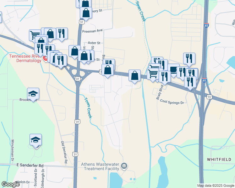map of restaurants, bars, coffee shops, grocery stores, and more near 800 Tanglewood Drive in Athens
