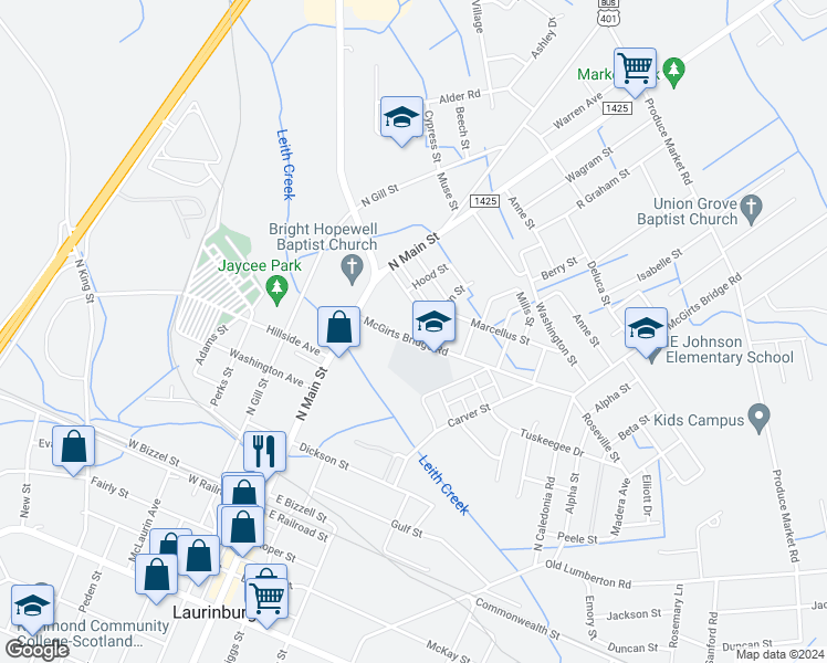 map of restaurants, bars, coffee shops, grocery stores, and more near 134 McGirts Bridge Road in Laurinburg
