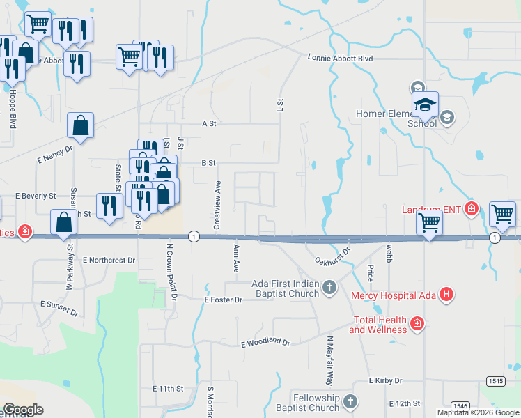 map of restaurants, bars, coffee shops, grocery stores, and more near 807 North Rain Tree Drive in Ada