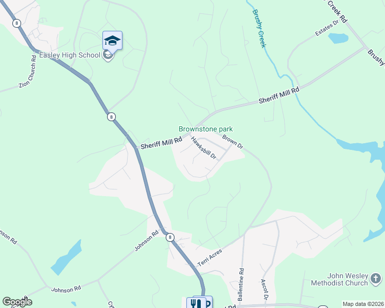 map of restaurants, bars, coffee shops, grocery stores, and more near 114 Hatters Court in Easley