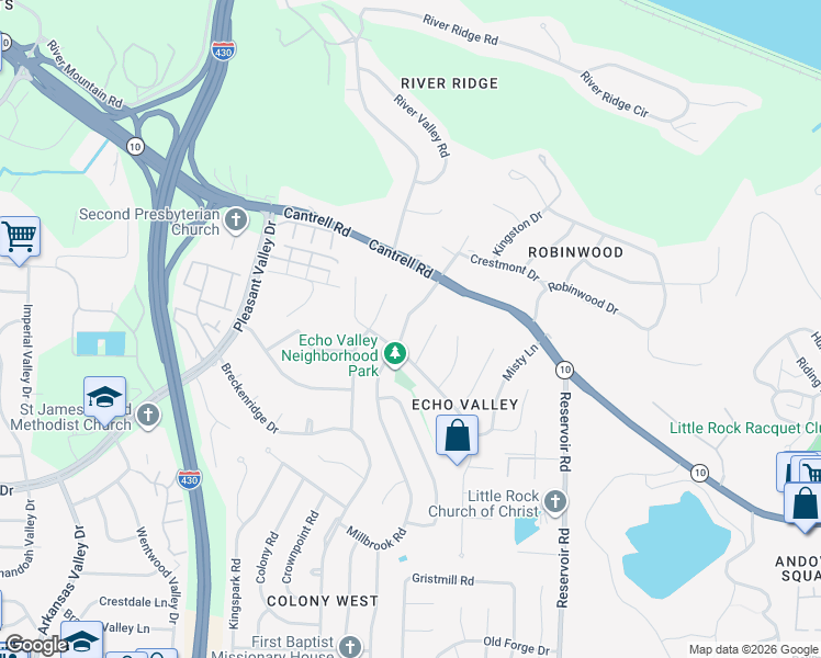 map of restaurants, bars, coffee shops, grocery stores, and more near 3320 Millbrook Road in Little Rock