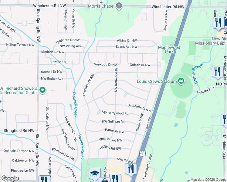 map of restaurants, bars, coffee shops, grocery stores, and more near 2128 Lynn Road Northwest in Huntsville