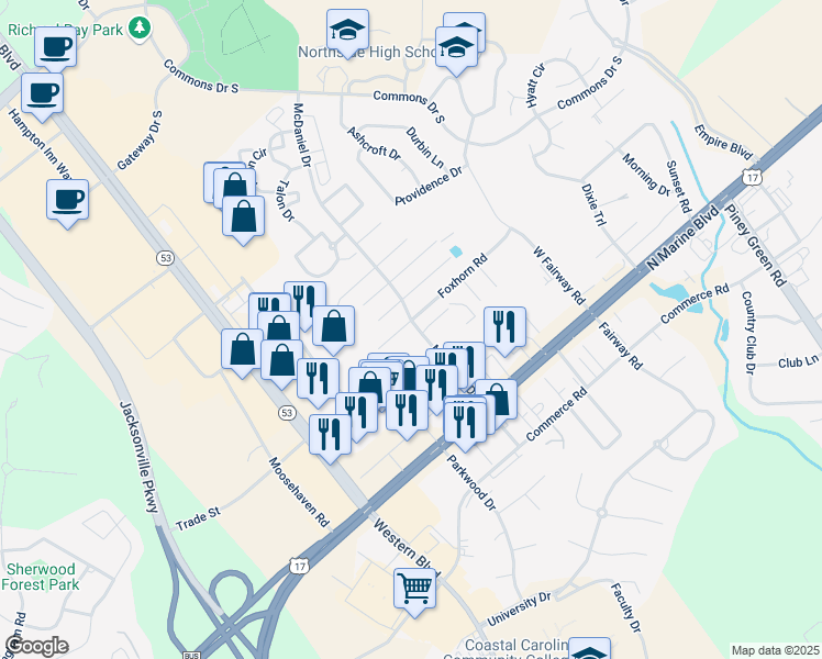 map of restaurants, bars, coffee shops, grocery stores, and more near 2050 Foxhorn Road in Jacksonville