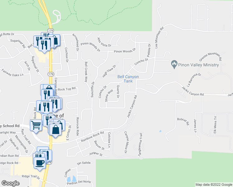 map of restaurants, bars, coffee shops, grocery stores, and more near 155 Quartz Drive in Sedona