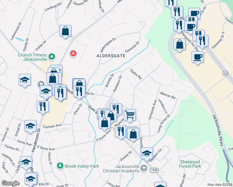 map of restaurants, bars, coffee shops, grocery stores, and more near 512 Ashley Place in Jacksonville