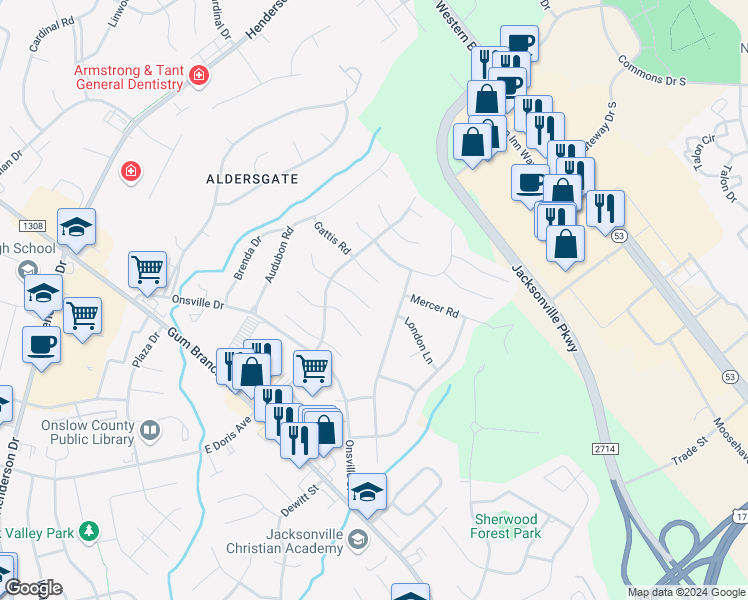 map of restaurants, bars, coffee shops, grocery stores, and more near 613 Kimberly Lane in Jacksonville