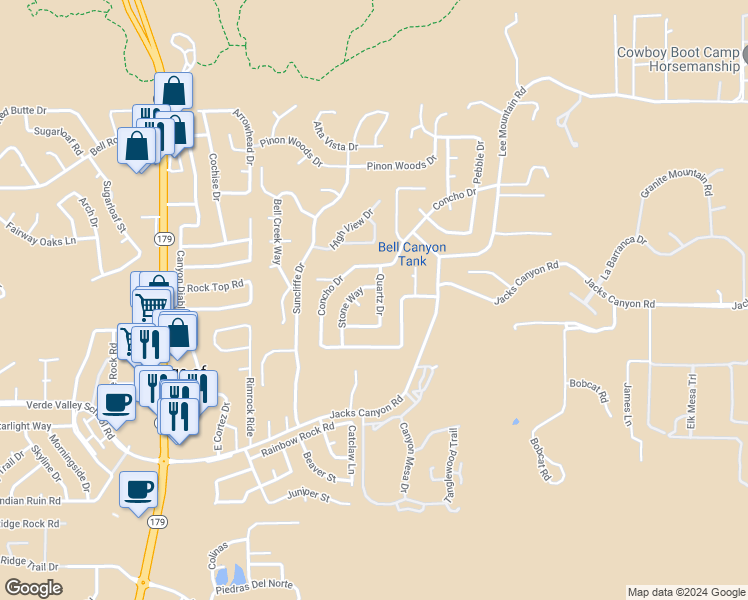 map of restaurants, bars, coffee shops, grocery stores, and more near 115 Stone Way in Sedona
