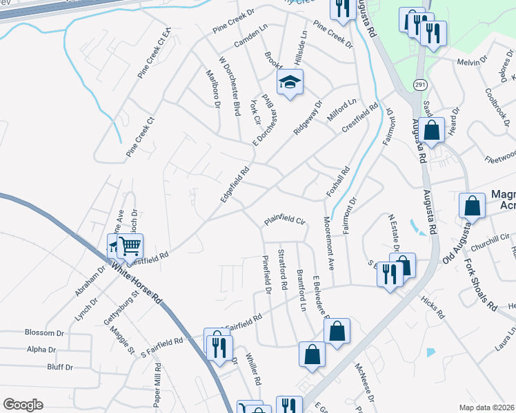 map of restaurants, bars, coffee shops, grocery stores, and more near 512 Crestfield Road in Greenville
