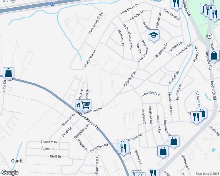 map of restaurants, bars, coffee shops, grocery stores, and more near 22 Uneeda Drive in Greenville