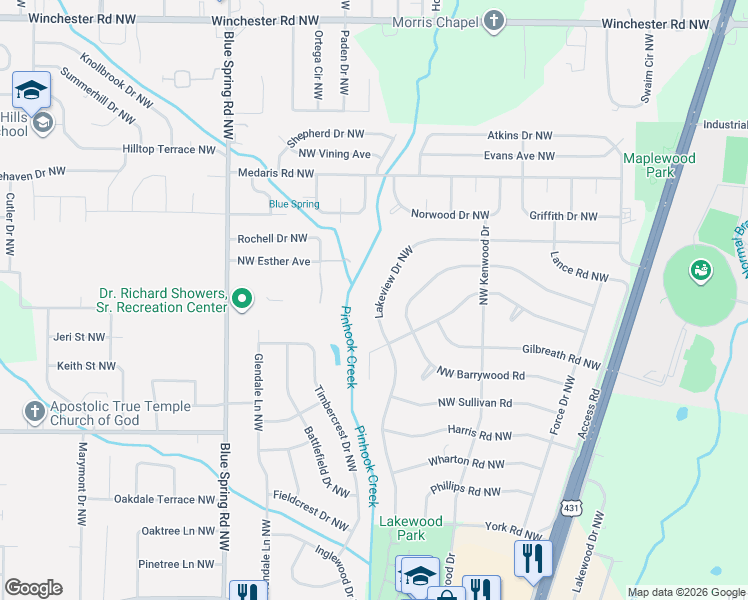 map of restaurants, bars, coffee shops, grocery stores, and more near 4217 Lakeview Drive Northwest in Huntsville
