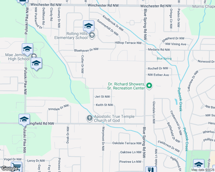 map of restaurants, bars, coffee shops, grocery stores, and more near 4310 Barry Street Northwest in Huntsville