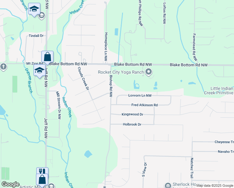 map of restaurants, bars, coffee shops, grocery stores, and more near 106 Lovvorn Lane Northwest in Huntsville