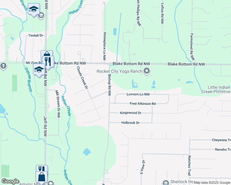 map of restaurants, bars, coffee shops, grocery stores, and more near 106 Lovvorn Lane Northwest in Huntsville