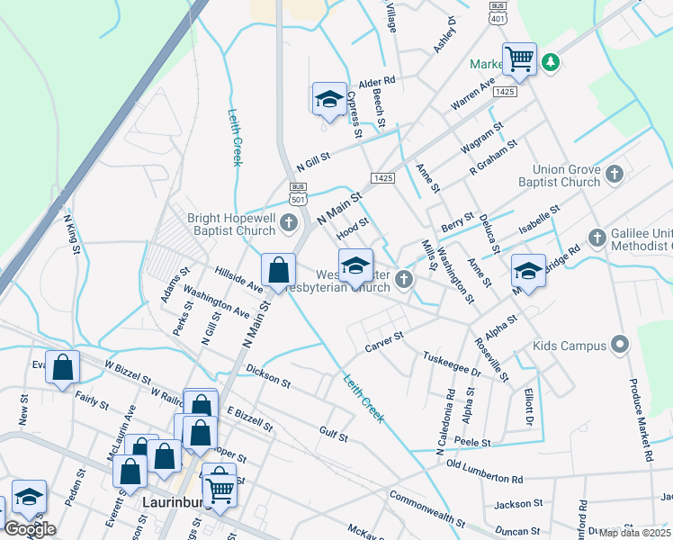 map of restaurants, bars, coffee shops, grocery stores, and more near 134 McGirts Bridge Road in Laurinburg