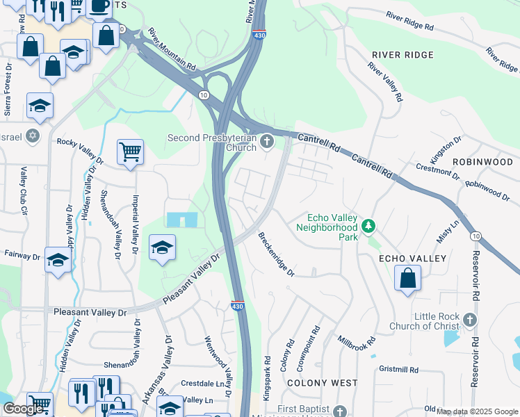 map of restaurants, bars, coffee shops, grocery stores, and more near 441 Cambridge Place Drive in Little Rock
