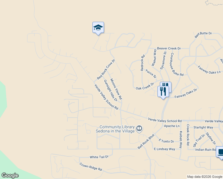 map of restaurants, bars, coffee shops, grocery stores, and more near 155 Gunsight Hills Drive in Sedona