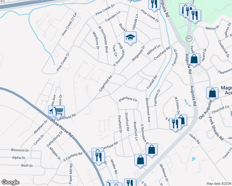 map of restaurants, bars, coffee shops, grocery stores, and more near 512 Crestfield Road in Greenville