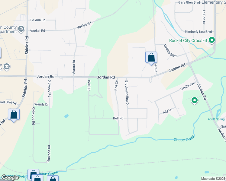 map of restaurants, bars, coffee shops, grocery stores, and more near 523 Bell Circle in Huntsville