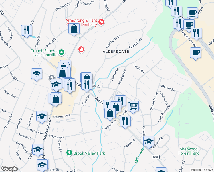 map of restaurants, bars, coffee shops, grocery stores, and more near 106 North Onsville Place in Jacksonville