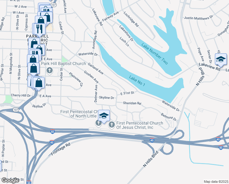map of restaurants, bars, coffee shops, grocery stores, and more near 406 Goshen Avenue in North Little Rock