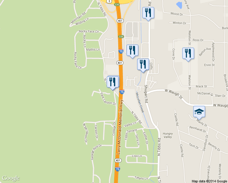 map of restaurants, bars, coffee shops, grocery stores, and more near 823 N Tibbs Rd in Dalton