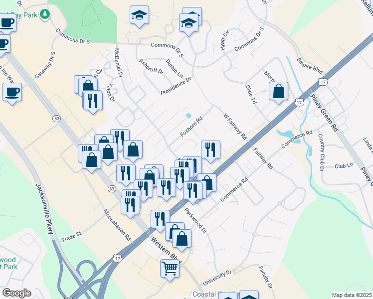 map of restaurants, bars, coffee shops, grocery stores, and more near 34 McDaniel Drive in Jacksonville