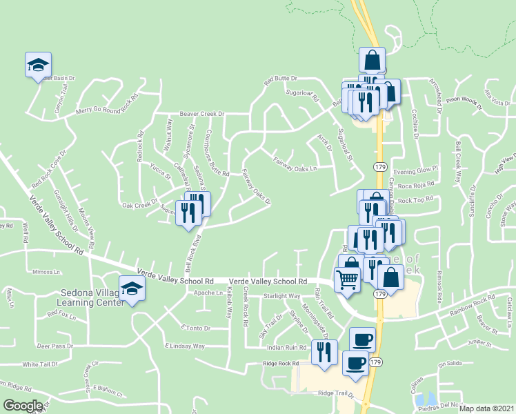 map of restaurants, bars, coffee shops, grocery stores, and more near 80 Wild Turkey Road in Sedona