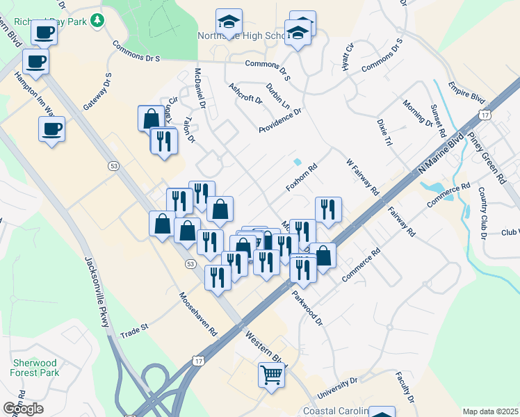 map of restaurants, bars, coffee shops, grocery stores, and more near 2047 Foxhorn Road in Jacksonville