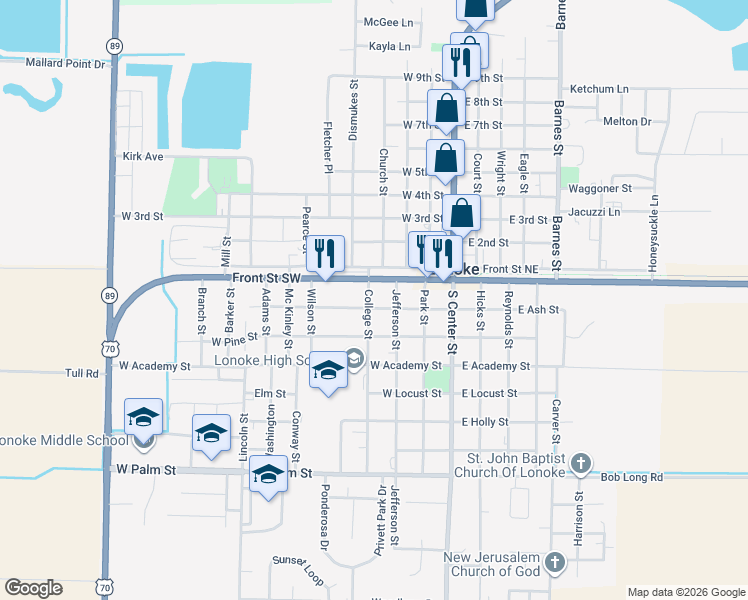 map of restaurants, bars, coffee shops, grocery stores, and more near 115 College Street in Lonoke