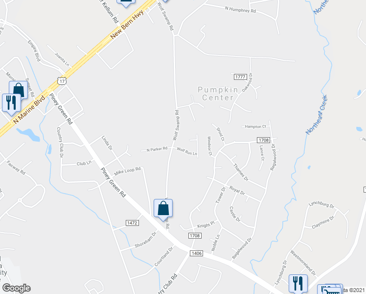 map of restaurants, bars, coffee shops, grocery stores, and more near 405 Wolf Run Lane in Jacksonville