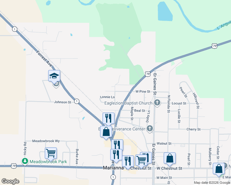 map of restaurants, bars, coffee shops, grocery stores, and more near 481 West Pine Street in Marianna