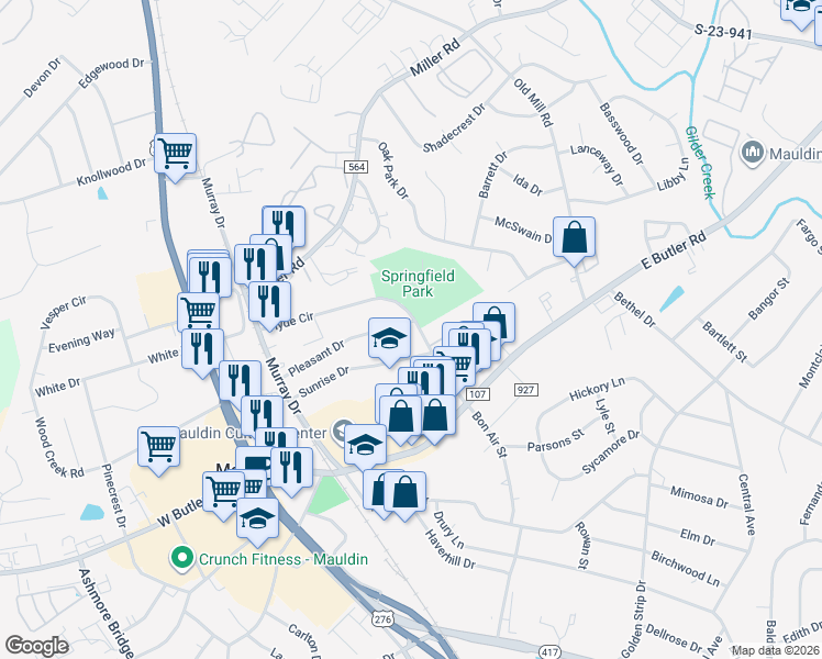 map of restaurants, bars, coffee shops, grocery stores, and more near 204 Hyde Circle in Mauldin