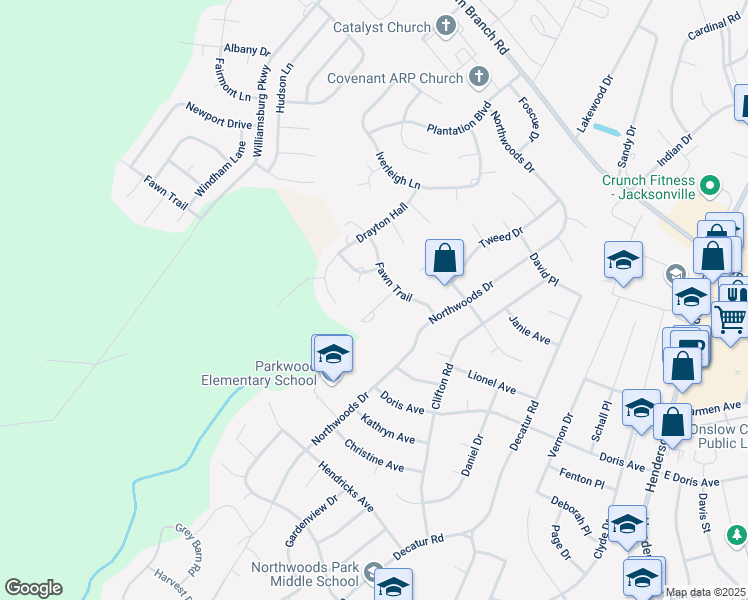 map of restaurants, bars, coffee shops, grocery stores, and more near 104 Dover Lane in Jacksonville