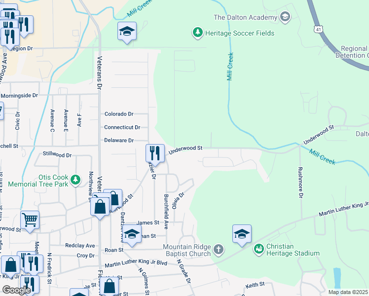 map of restaurants, bars, coffee shops, grocery stores, and more near Underwood Street in Dalton