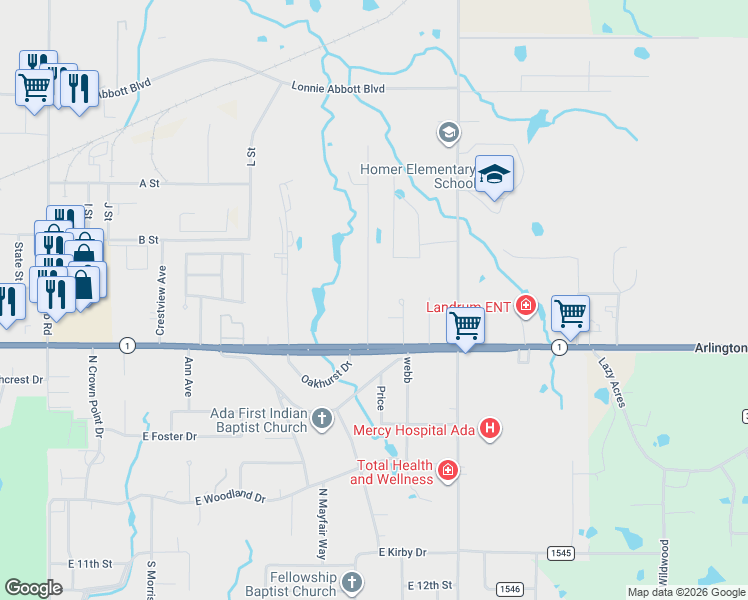 map of restaurants, bars, coffee shops, grocery stores, and more near 807 North Wolfe Lane in Ada