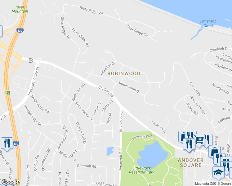 map of restaurants, bars, coffee shops, grocery stores, and more near 31 Robinwood Drive in Little Rock