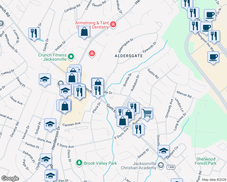 map of restaurants, bars, coffee shops, grocery stores, and more near 121 North Onsville Place in Jacksonville