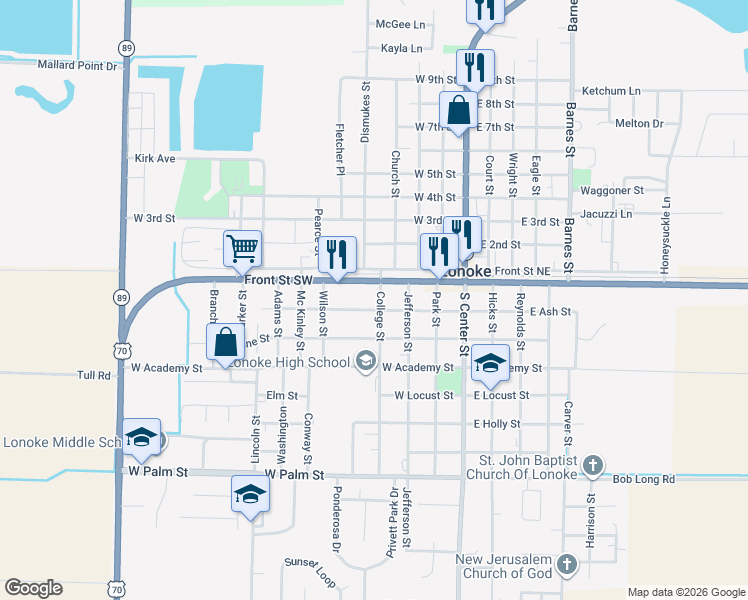 map of restaurants, bars, coffee shops, grocery stores, and more near 115 College Street in Lonoke